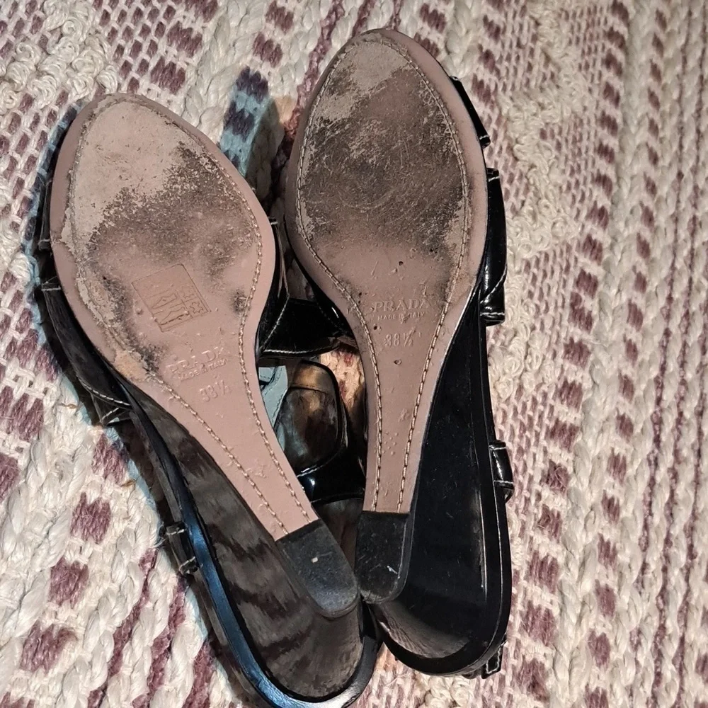 PRADA 38.5 made in Italy black heel sandals, much loved, orig. $1,295.00